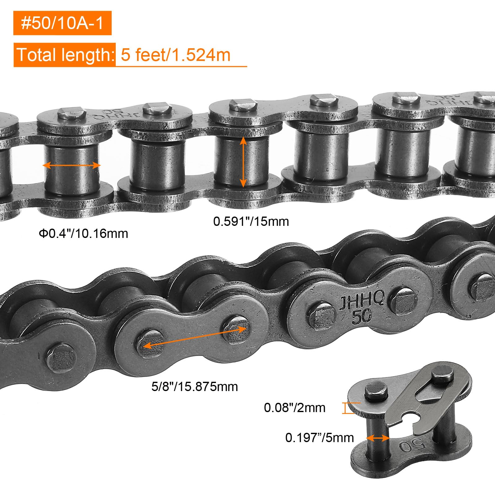 QUARKZMAN #50/10A-1 Catena a Rulli 5 Piedi Passo 5/8" Catene a Rulli Acciaio al Carbonio con Collegamenti Master Gratuiti per Escavatori Trattori, 96 Link