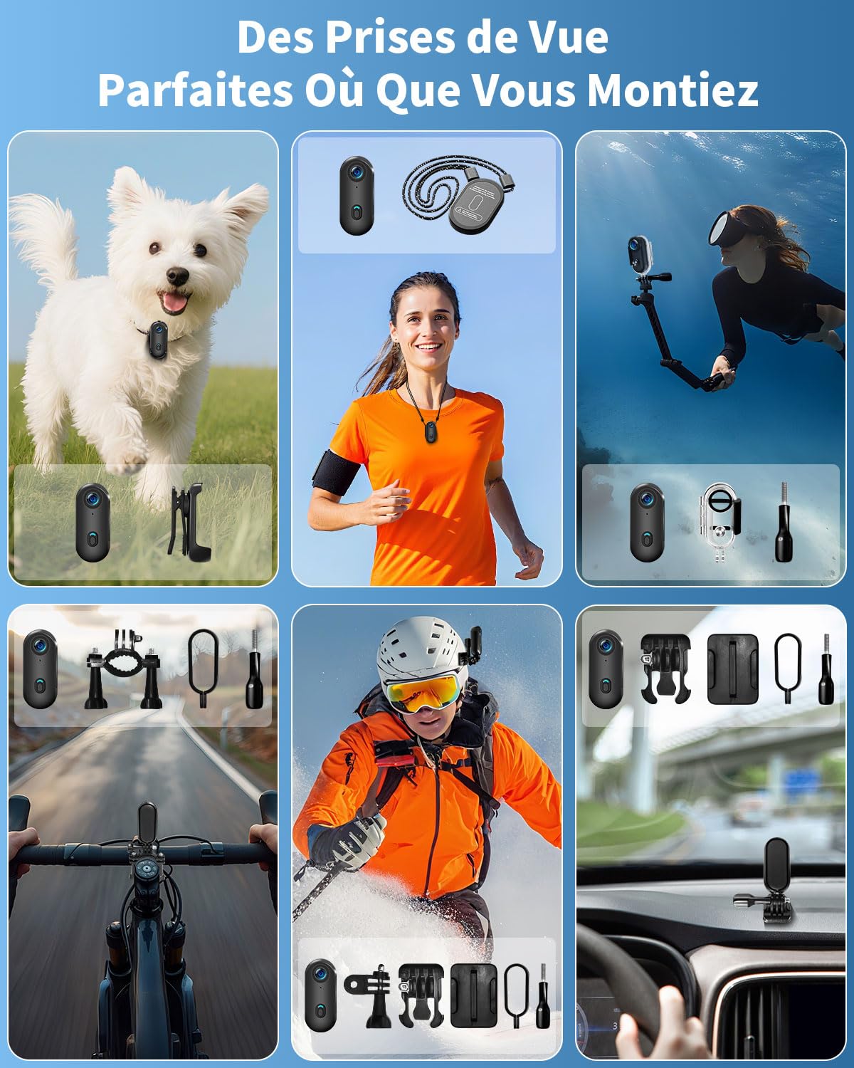 UYIKOO Caméra Sport WiFi, 64GB Mini Caméra d'action 1080P HD, 120° Caméra Vlog Camera Sportive IP68 Étanche à 30M Caméscope Vidéo Vélo, Camera Casque pour Vélo, Ski, Plongée, Animaux