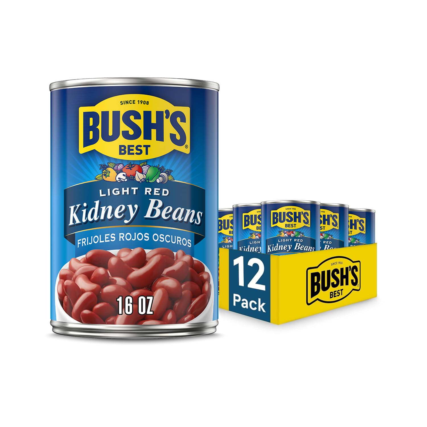 BUSH'S BEST 16 oz Light Red Kidney Beans, Canned Beans, Kidney Beans Canned, Source of Plant Based Protein and Fiber, Low Fat, Gluten Free, (Pack of 12)