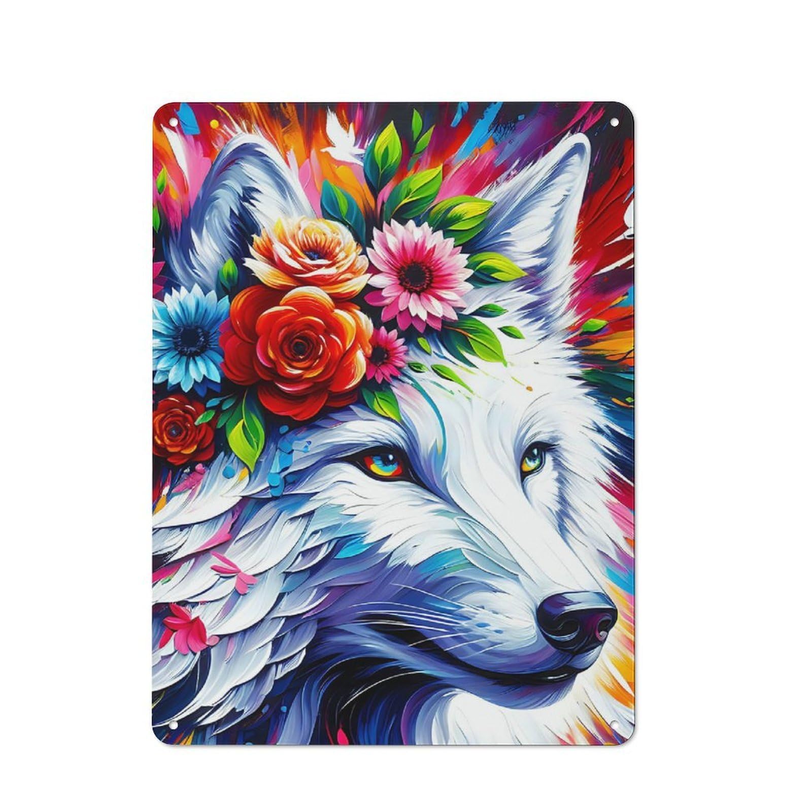 Junmoney Acrylic Majestic Blossoming Wolf 40X30cm Retro Metal Plaque With For Kitchen Or Home Bar, For Garage, Workshop And Man Cave Decoration
