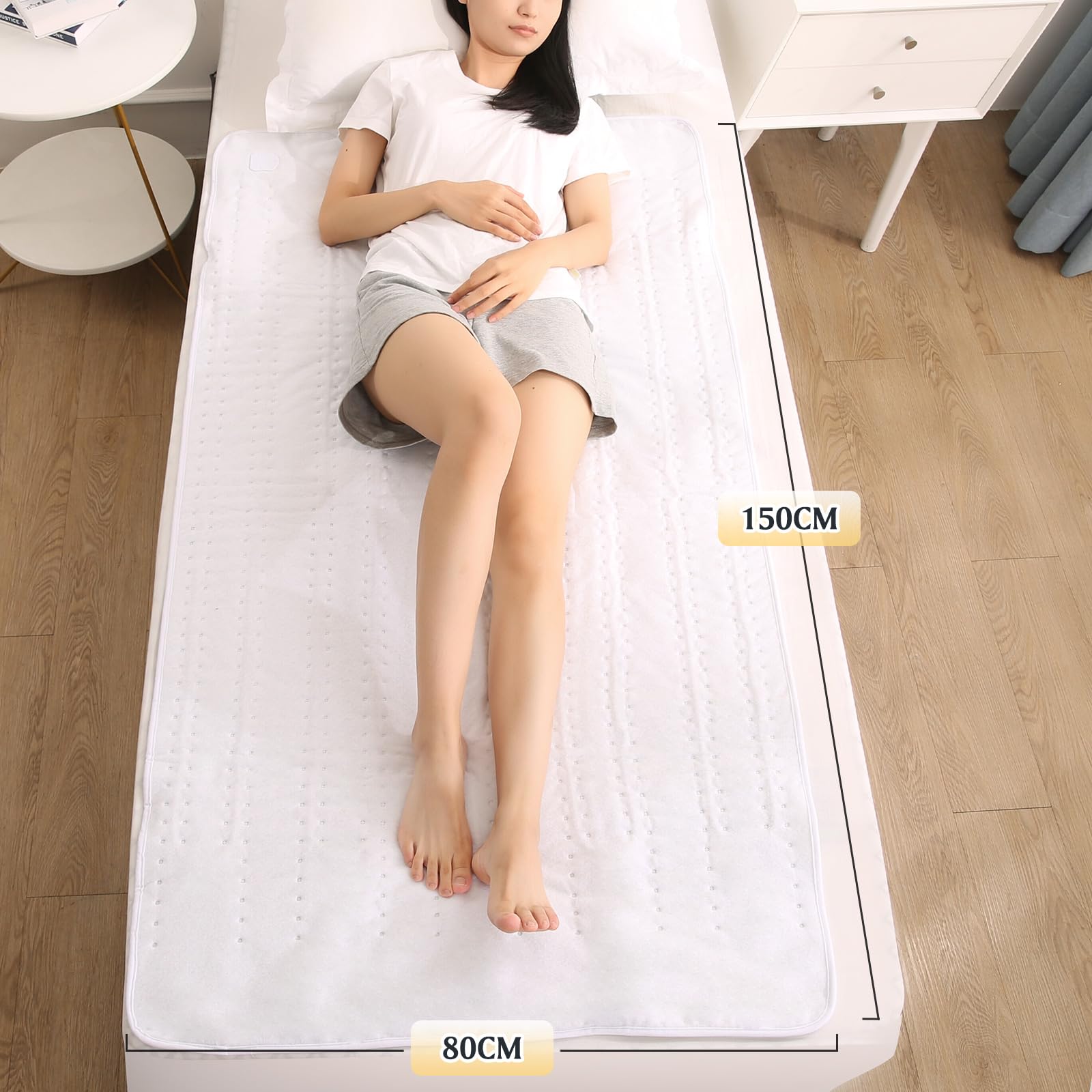 CURECURE Elektrisches Wärmeunterbett 150x80cm mit 10 Temperaturstufen, Abschaltautomatik & Überhitzungsschutz, Einfache Fixierung auf Bett und Matratze (Vliesstoff)