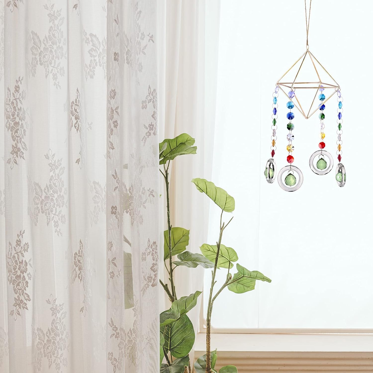 SUNYIK Geometric Hanging Air Plant Holder with K9 Crystal Sun Catcher, Air Plants Tillandsia Hanger Rack Container with K9 Crystal Prism for Indoor Outdoor Home Decor, Green