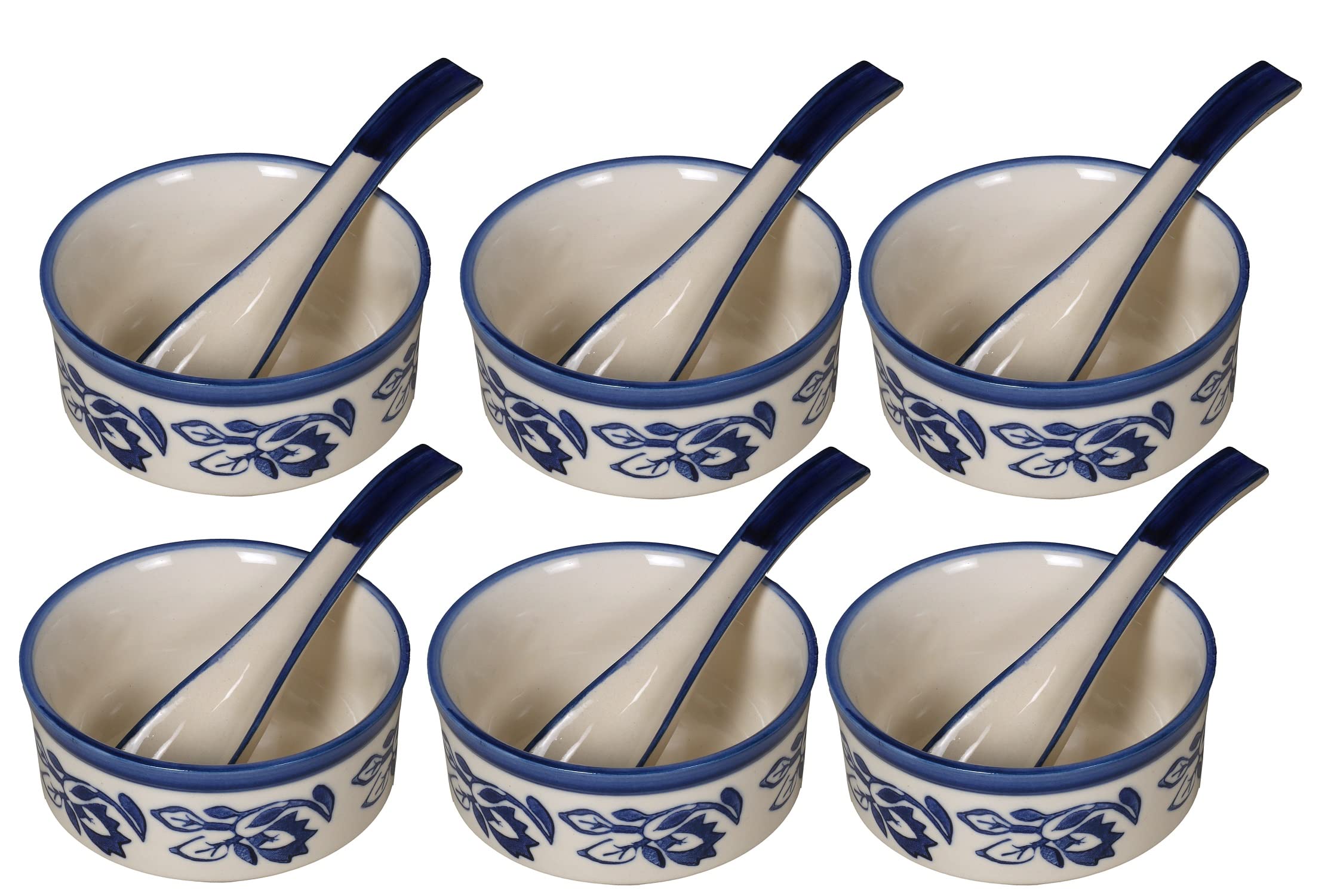 RAJ ROYAL Handmade Ceramic Hand Painted Blue Bail Pottery Jumbo Soup Curved Wooden Bowl  and Spoons Set of 6-350 ml Each - Image 2 thumbnail