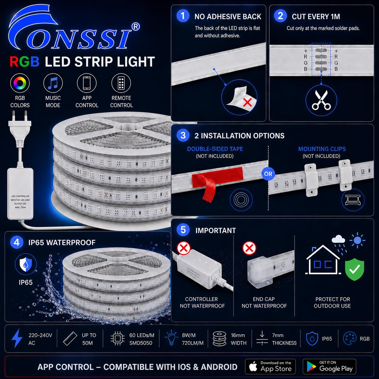 ONSSI Tiras LED 220V RGB Multicolor 15M, IP65, SMD5050, 60 LED/m, con Controlador Bluetooth, Control por APP y Mando a Distancia