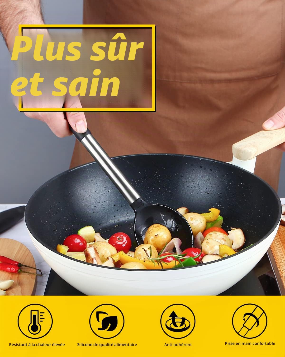 Lot de 2 grandes cuillères de cuisine en silicone, cuillère à badigeonner solide antiadhésive, ustensiles de cuisine résistants à la chaleur pour mélanger, servir, égoutter, remuer (Noire) | Grandes cuillères de cuisine résistantes à la chaleur pour mélan