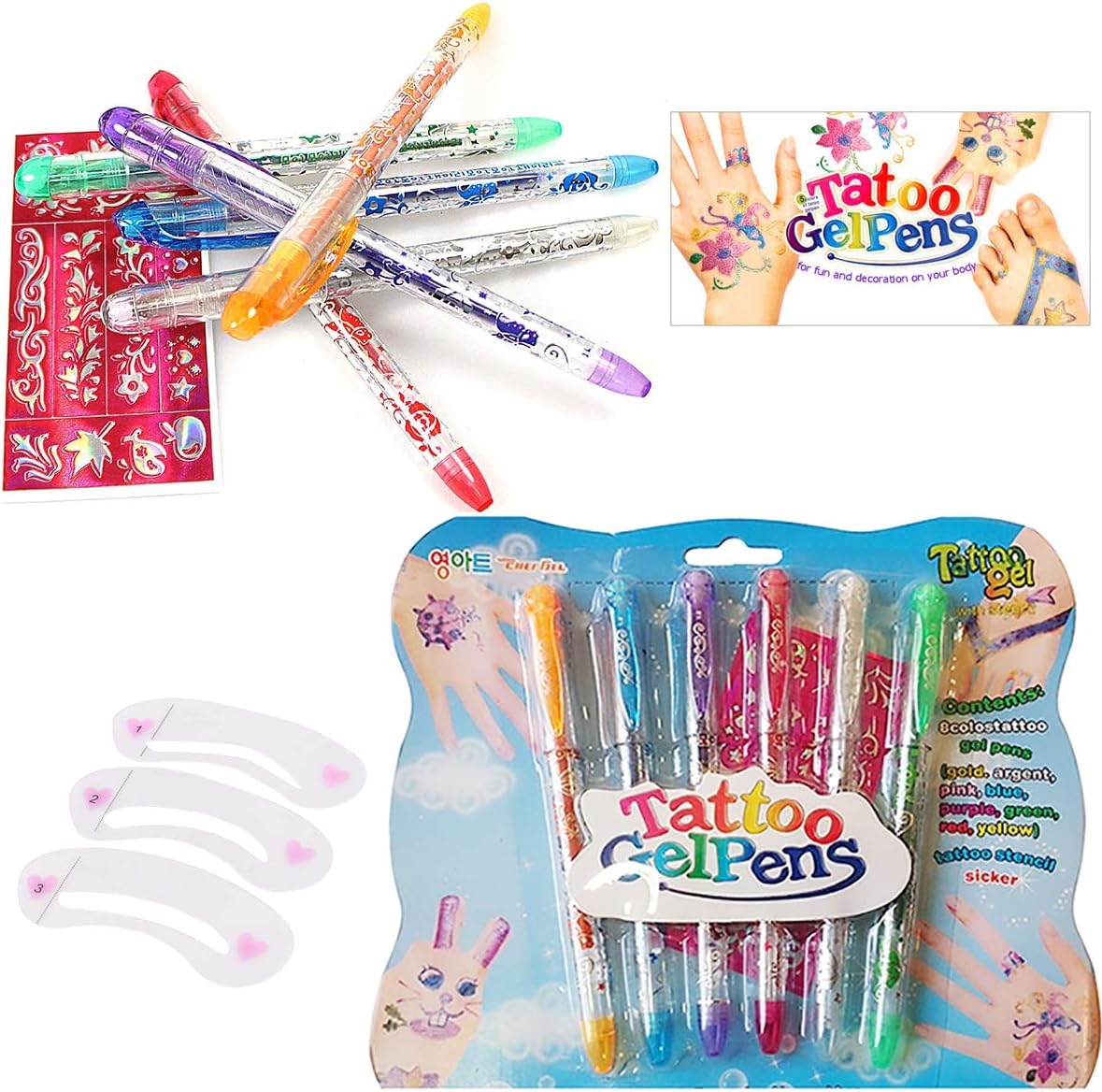 6 TEMPORARY TATTOO Gel Pens -Semi Pemanent, Body Glitter, Skin Tattoo with Patterened STICKER STENCILS, Children's Colourful Body Art INCLUDES Set of 3 BROW Stencils