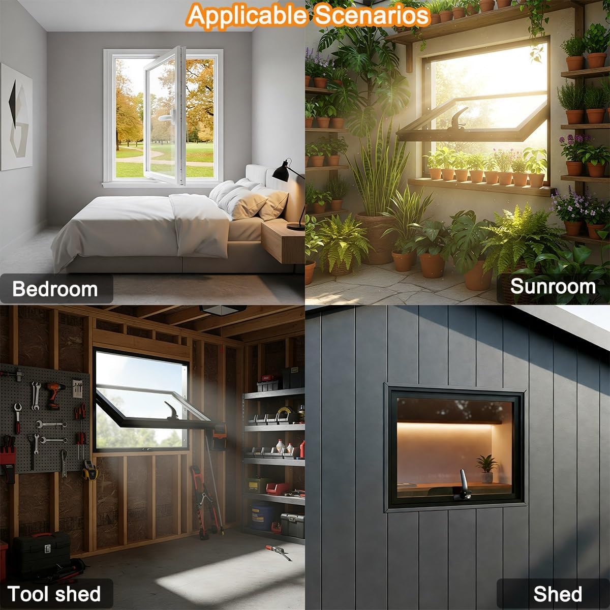 Aluminum Shed Windows with Clear Tempered Glass, 360° Rotating Window for Outdoor Barn, Garage, Sunroom, Office, Flush Mount Replacement with Adjustable Ventilation(White,29x20inch (WxH))