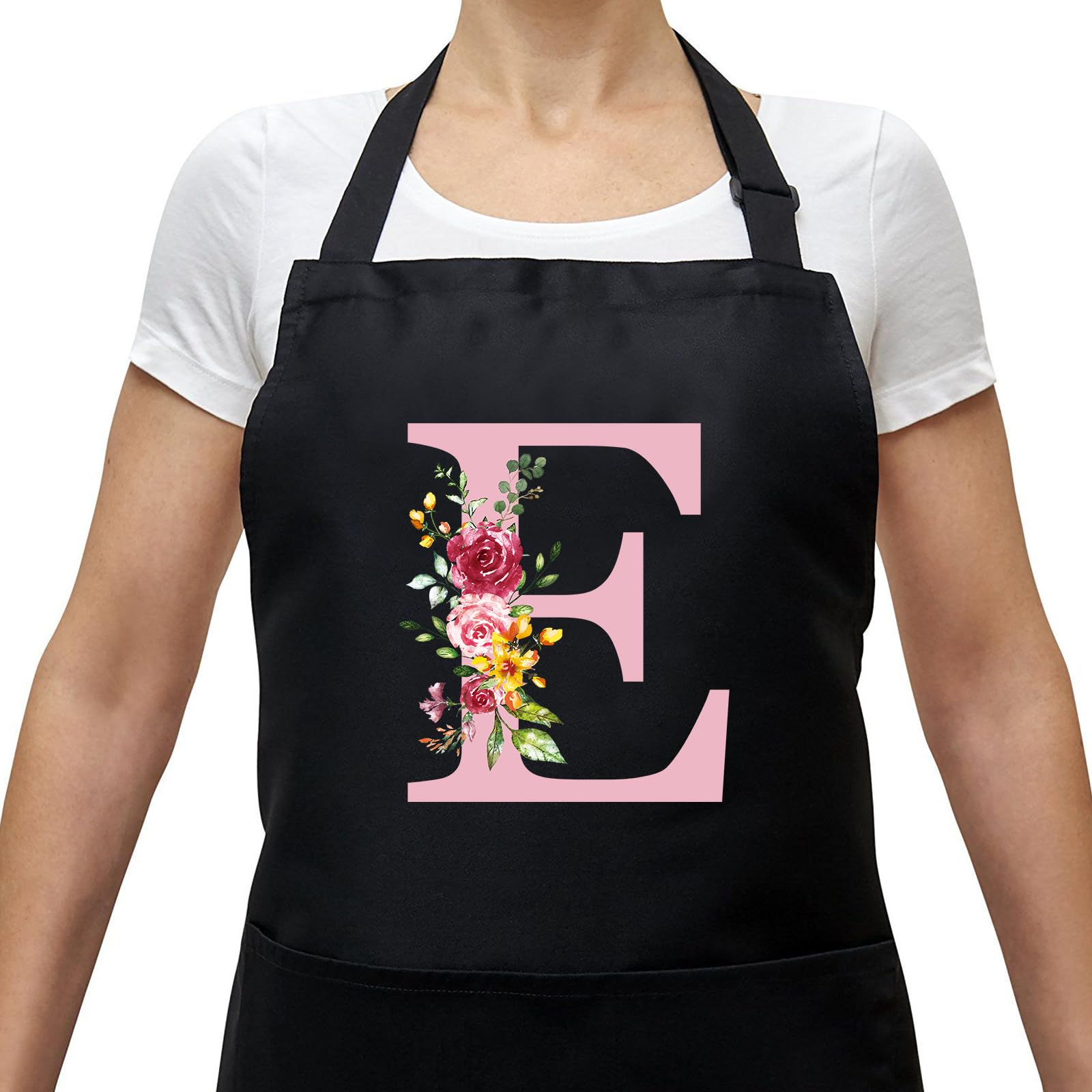Women's Kitchen Apron with Initial and Flowers, Waterproof Aprons with Pockets, Adjustable BBQ Apron for Kitchen Coffee Gardening Baking, Birthday Gift for Mom Wife Grandma E, E