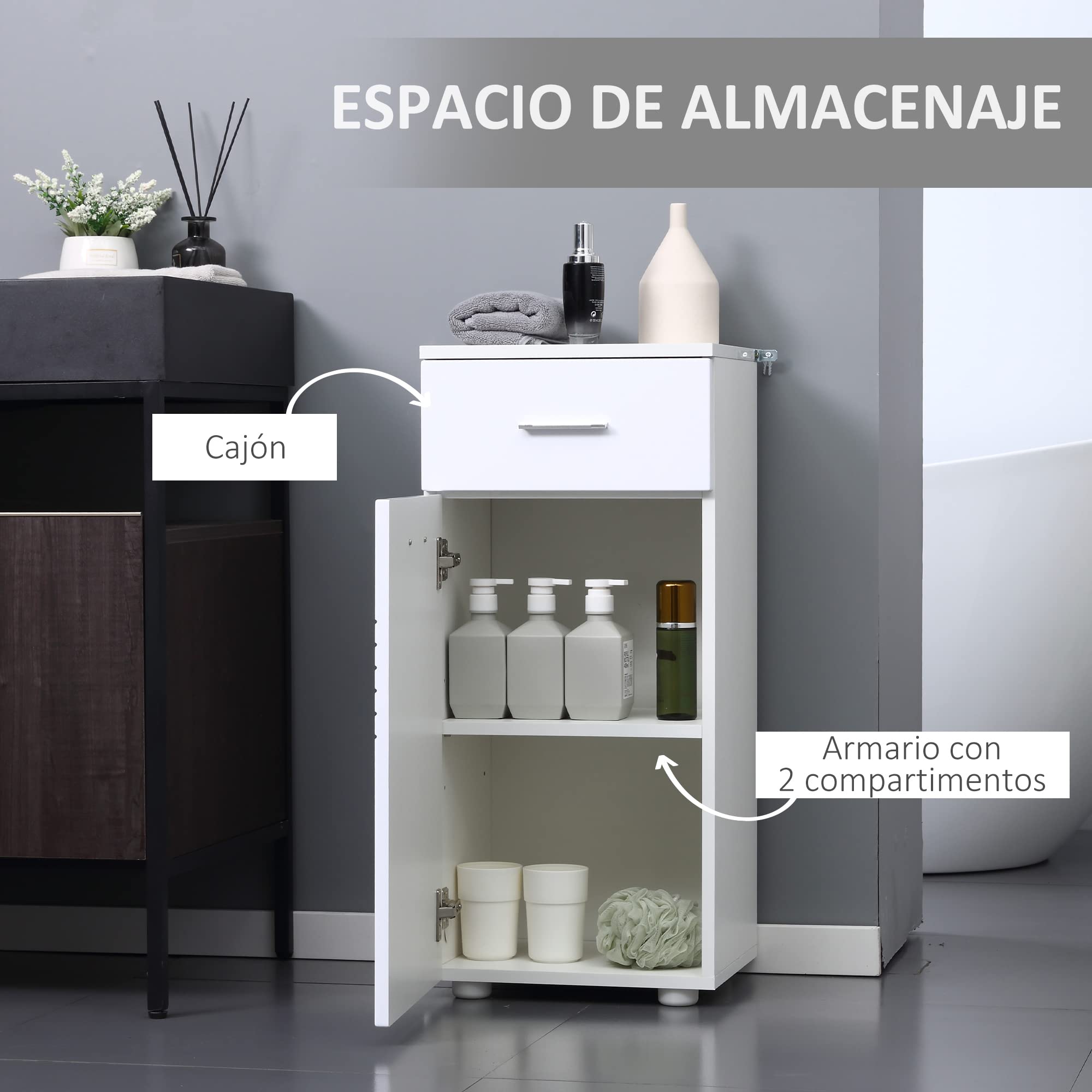 kleankin Armario Auxiliar de Baño con Puerta Cajón 35x30x77,5 cm Blanco | Mueble de Baño de Suelo, Estante Ajustable, para Salón Dormitorio Aseo