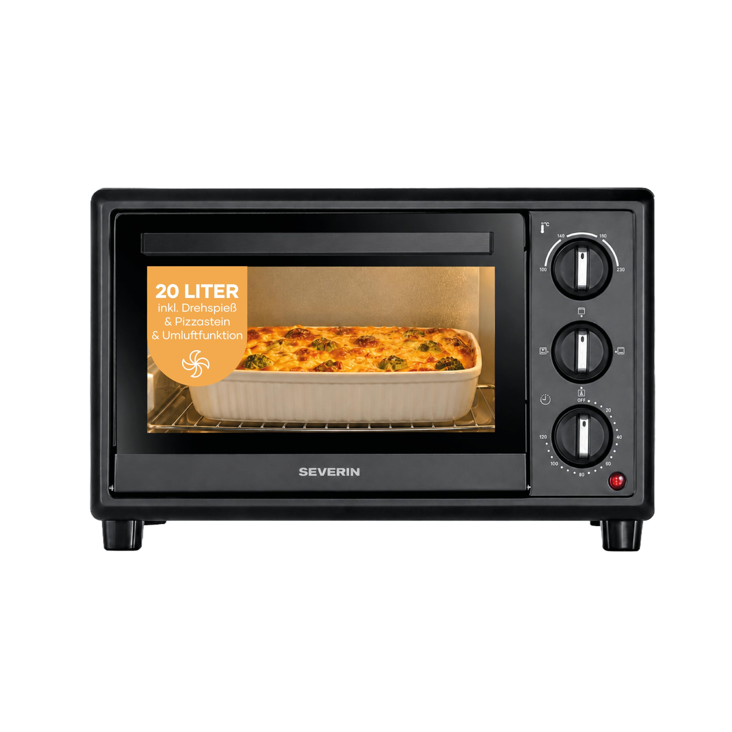 Severin Back- und Toastofen, Bake&Toast, 20L, bis 230°C, Umluft-Funktion, Ober- und Unterhitze, inkl. Pizzastein, Drehspieß, Krümelblech, Backblech, Grillrost, 120Min. Timer, 1600W, schwarz, TO 2079