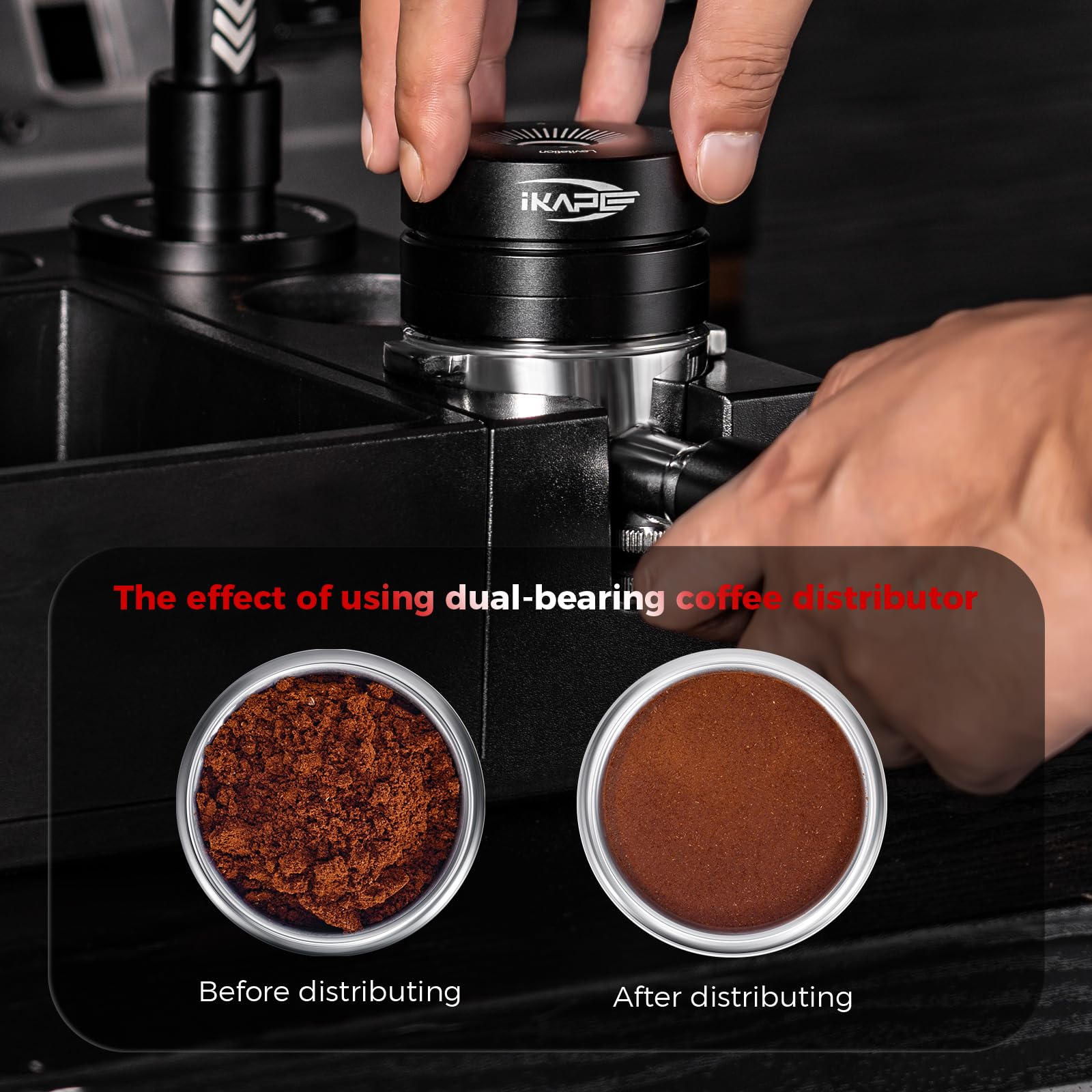 IKAPE 58,35 mm Espresso-Kaffeeverteiler, Kaffee-Doppellager- und Hochgeschwindigkeitsverteilungswerkzeug, adaptiver Höhen-Kaffeetamper-Nivellierer für Siebträger über 58 mm
