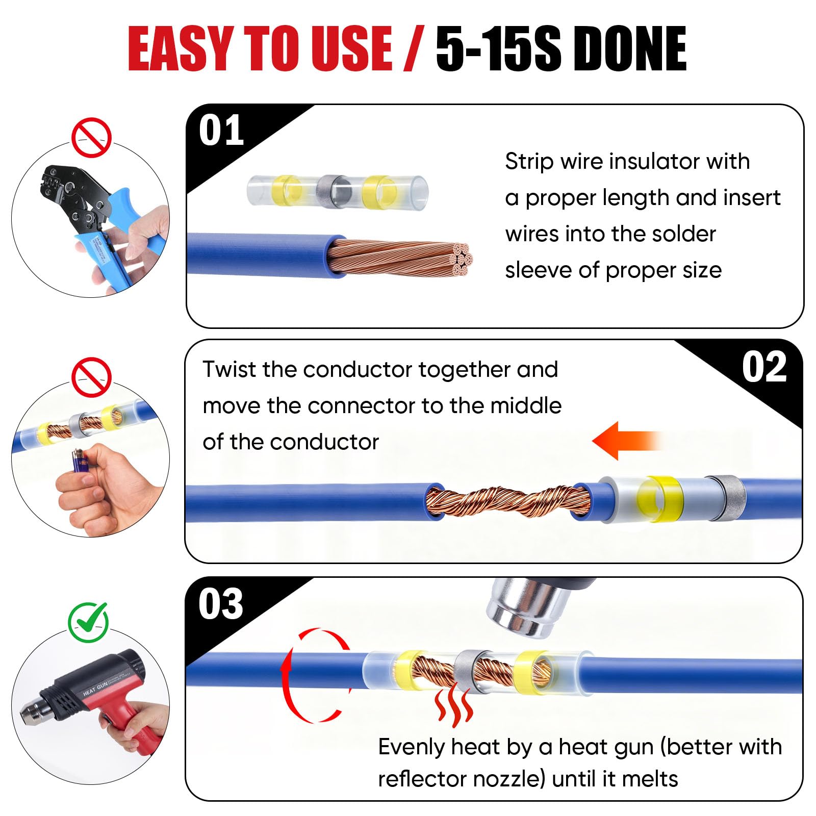 Kit de pistola de calor con 460 conectores de alambre de sellado de soldadura termorretráctil, conectores de alambre termorretráctiles impermeables, funda termorretráctil de 26-10 AWG para automoción