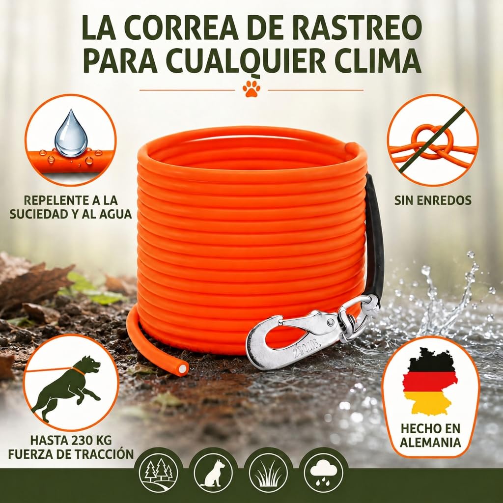 Correa de arrastre robusta/correa de paseo para perros | Correa de campo/búsqueda con revestimiento de plástico de 6 mm | Resistente a la suciedad y al agua | Sin asa de mano | Hecho a mano