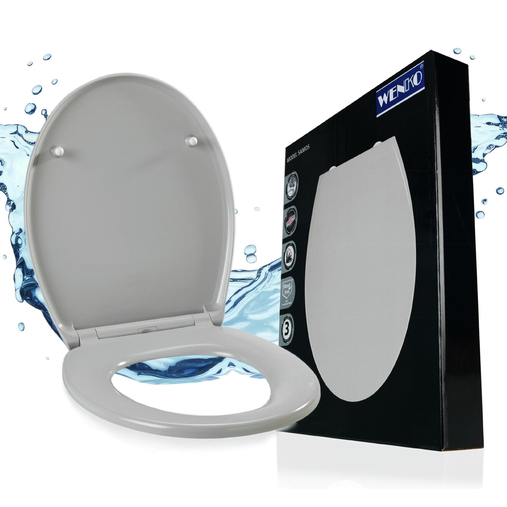 WENKO Toilet seat Samos in light grey, Duroplast, 37.5 x 44.5 x 10 cm