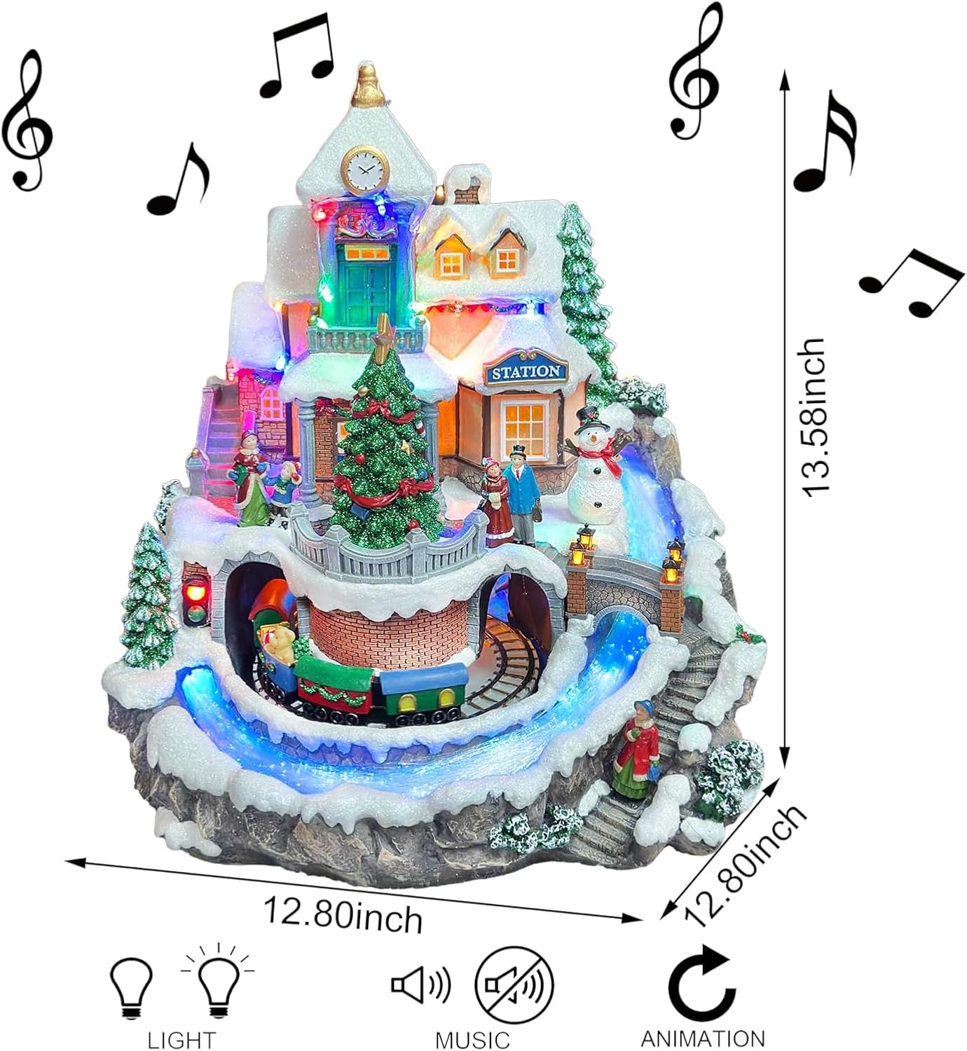 MOMENTS IN TIME Animated Christmas Village with Train Station LED Lighted Musical Holiday Scene with Moving Train Adapter Included 13.6”H Festive Tabletop Decoration