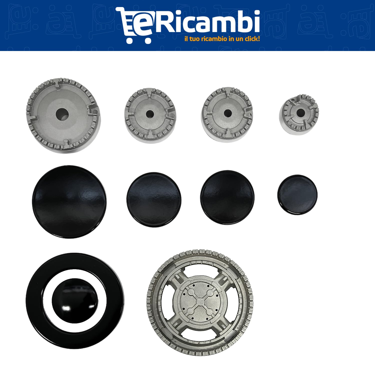 eRicambi®, Kit Sostituzione Franke Trend Set Completo, 3 Griglie + 5 Fornelli Cucina, Completi di Piattelli e Bruciatori. Dimensioni Griglia DX/SX 422x212 (mm) Griglia Centrale 390x230 (mm)