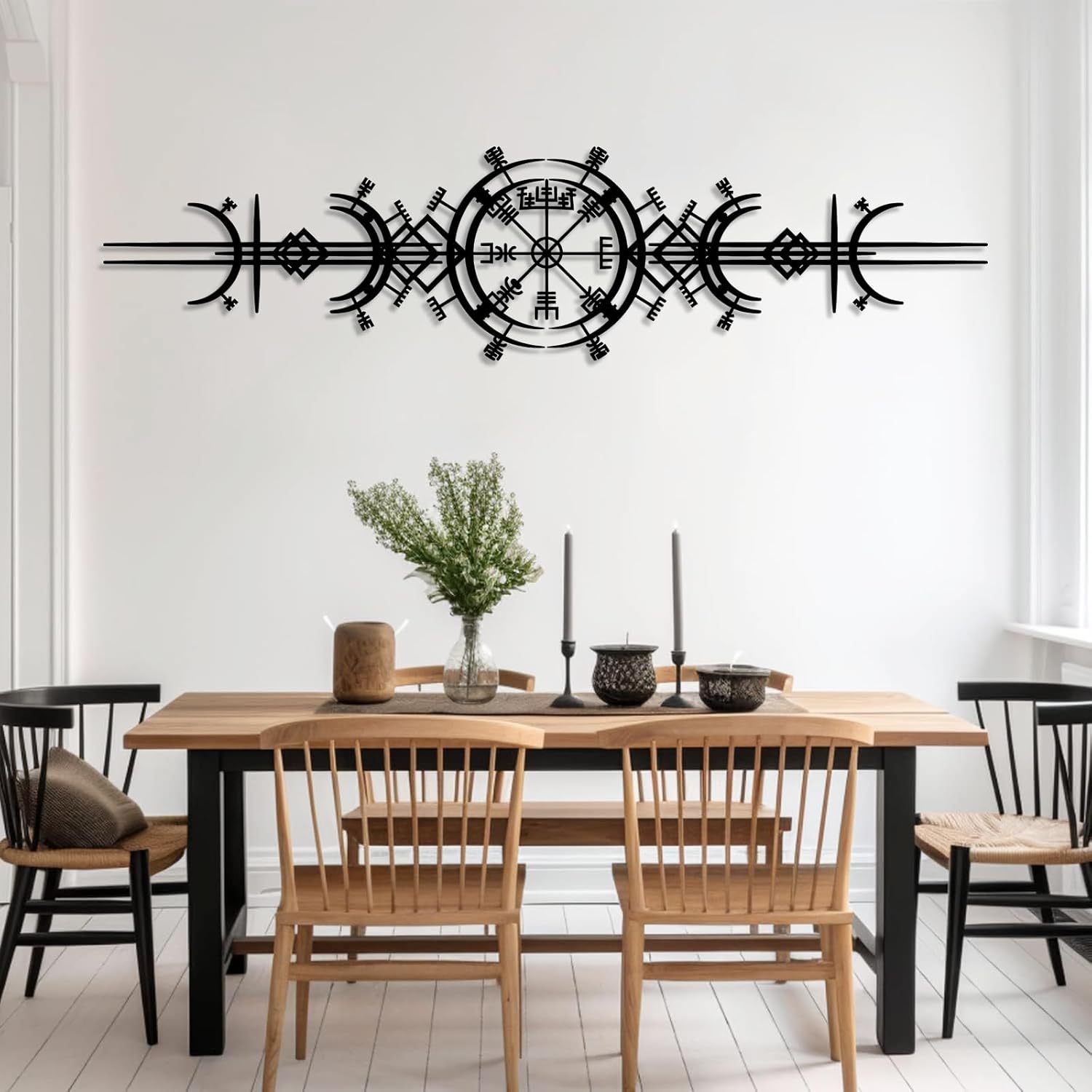 lecyin Vegvisir Metal Wall Art, Viking Wayfinders Wall Decor, Viking Symbol Metal Wall Hanging, Rune Circle with Mjlnir, Old Norse Sign, Extraordinary Vegvisir Sculpture (Black, 7"x30") - Image 3