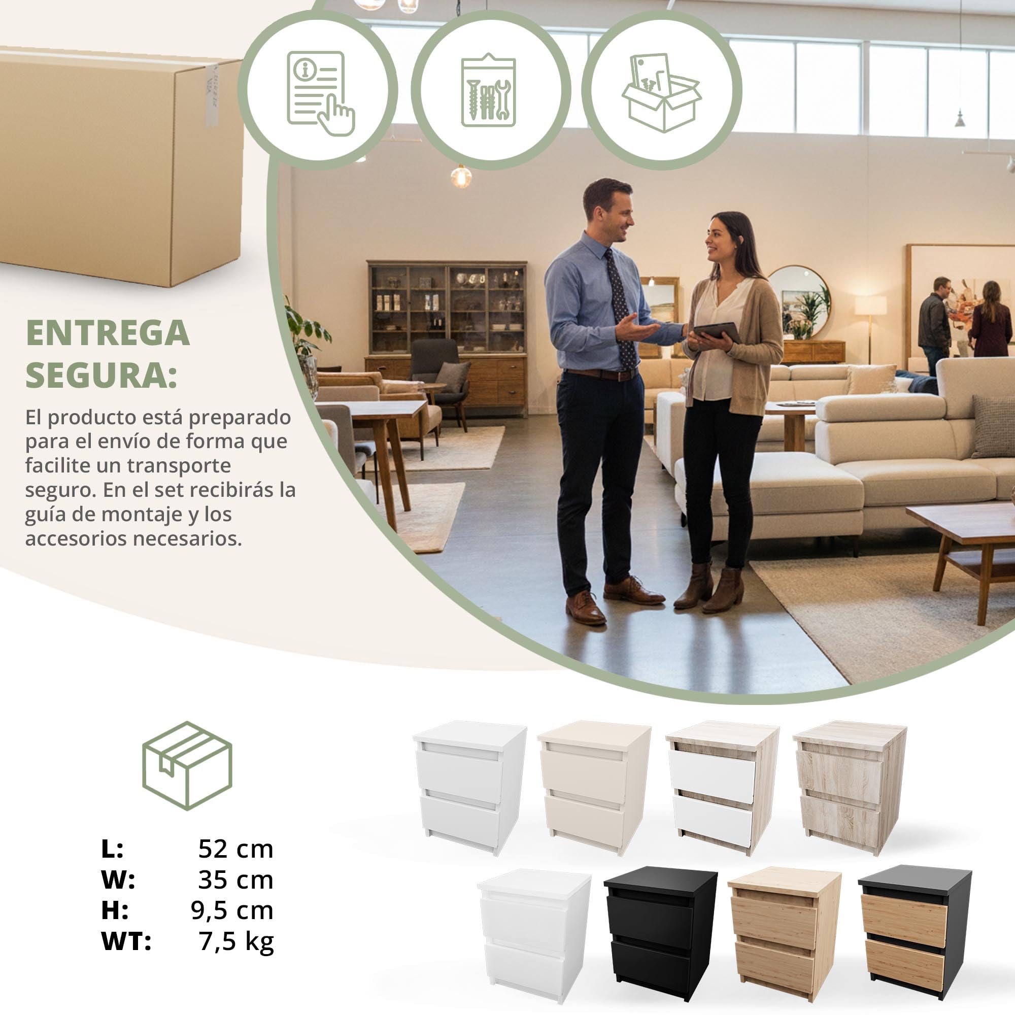 CDF Mesita Mesa Mesilla de Noche con 2 cajones Auxiliar Junto Cama Mueble de Dormitorio Salón Oficina Estilo Moderno Gabinete Organización Espacio Tamaño Compacto - M2 30cm Roble Artisan