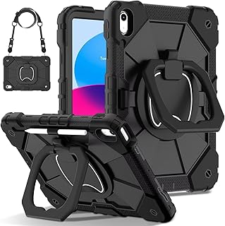 360度回転 iPad 11(A16)用 第11世代ケース iPad 10 第10世代 10.9インチ用カバー ペン 収納 シリコン 防塵 頑丈 肩掛け キッズ 子供カバー リングハンドル 縦置き 横置き スタンド 耐衝撃 落下防止 ,黒