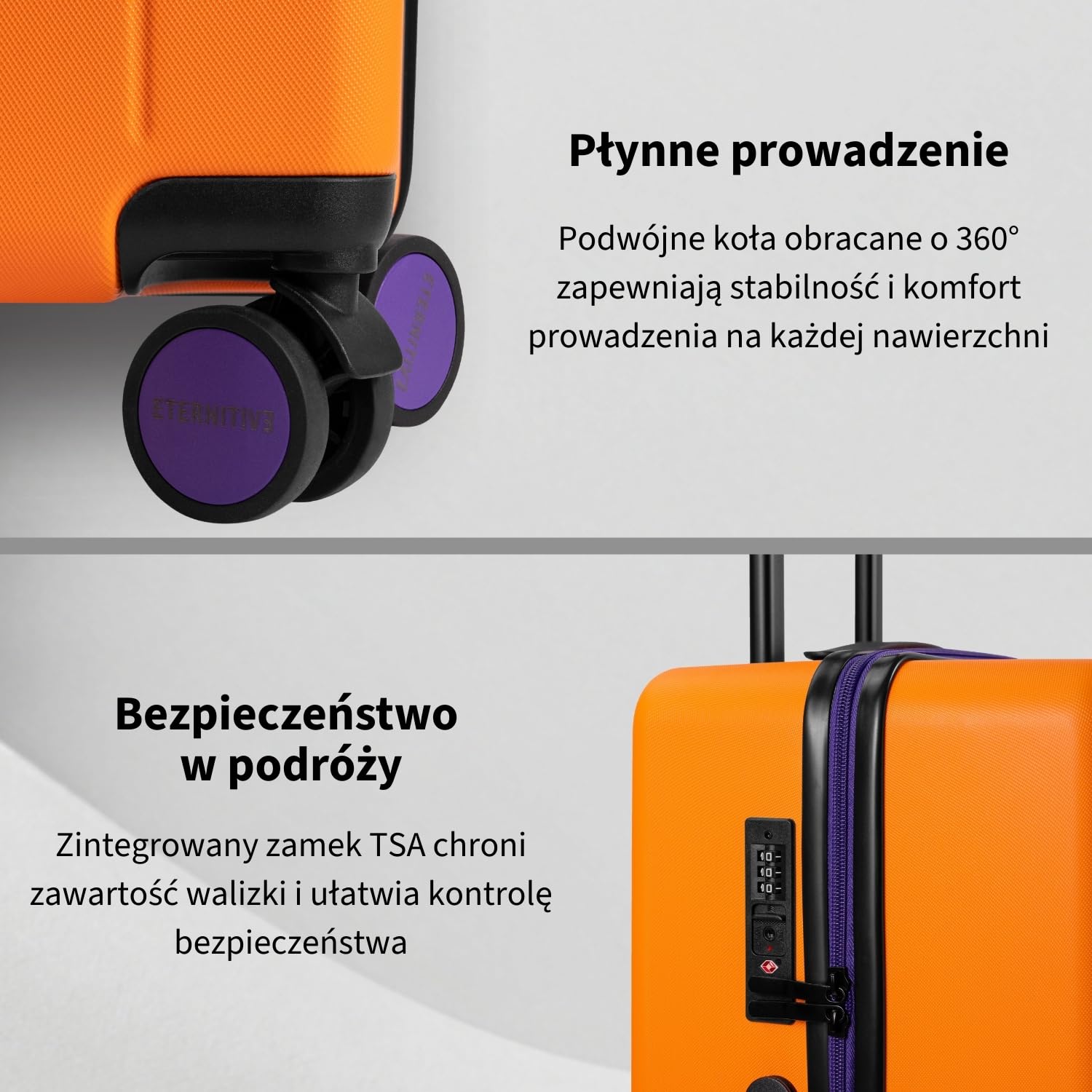 ETERNITIVE Walizka Średnia M 60L – Twarda Walizka Podróżna 41,5 x 64,5 x 25 cm, Lekka 3,6 kg, 4 Kółka 360°, TSA, Pomarańczowa