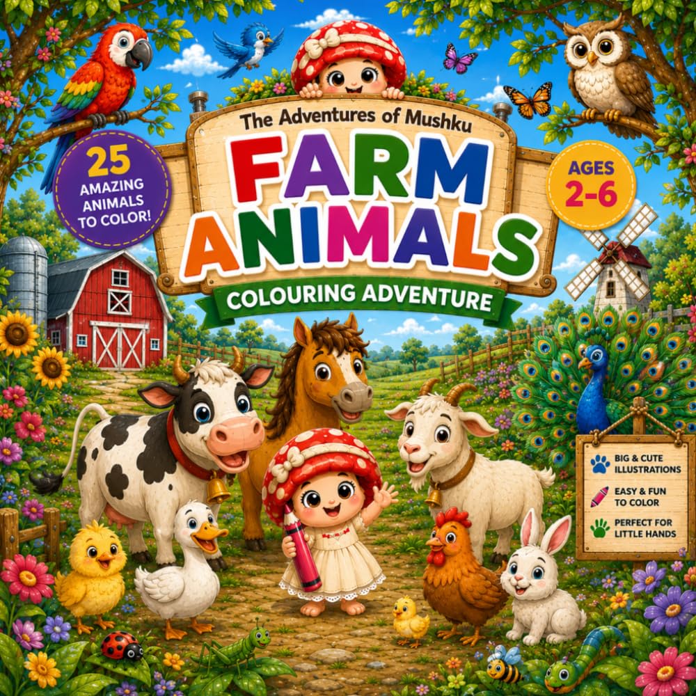 Mushku's Farm Animals & Birds Coloring Book: A Coloring Book Adventure | 25 Fun Farm Animals & Birds to Color | Ages 2–6 (The Adventures of Mushku)