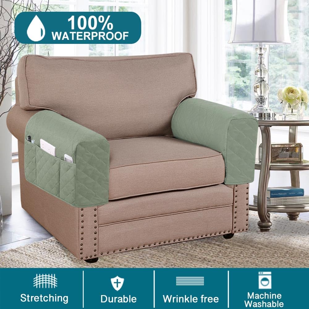 Turquoize 2 Pack Waterproof Armrest Covers for Chairs and Sofas - Couch Arm Covers with Side Pocket Anti-Slip Furniture Protector Washable Slipcovers Set of 2, Sage
