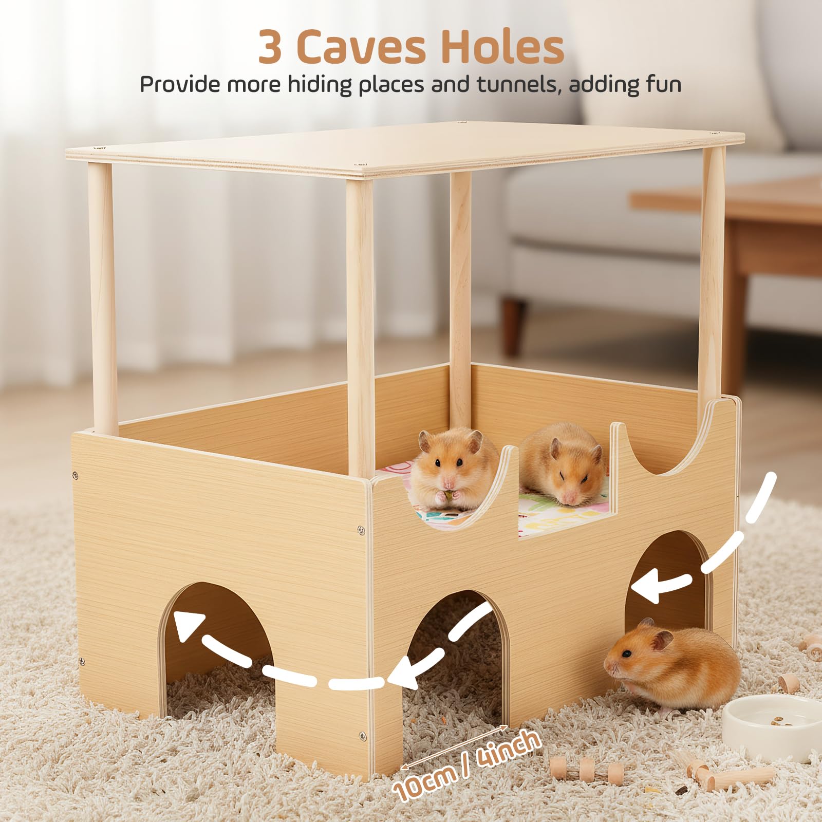 Meerschweinchen Haus aus Holz, 38 x 35 x 26 cm Meerschweinchen Versteck mit Treppe und Matten, Versteck für Kleine Haustiere Hamster Chinchillas Zwerg Degus Stachelmäuse Kaninchen