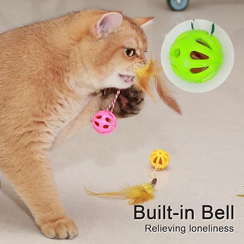 Miniatura 3 de Pelotas de juguete para gatos 3 en 1 con pluma, palo de vid plateada y campana interior, bolas interactivas de celosía colorida para gatos y gatitos