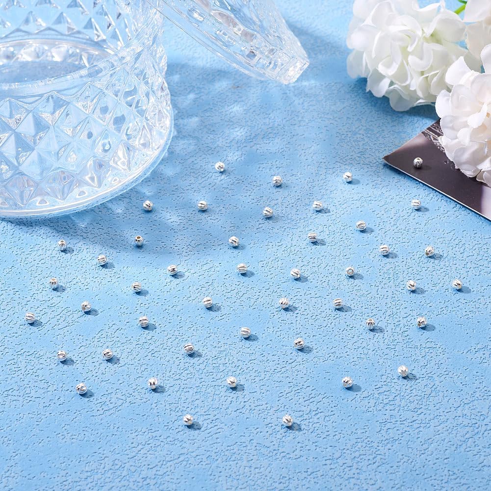FASHEWELRY 50 Pcs 925 Sterling Silver Round Corrugated Beads Bulk 3 mm Round Ball Beads Loose Spacer Beads for Bracelet Necklace Earring DIY Crafts Jewelry Making