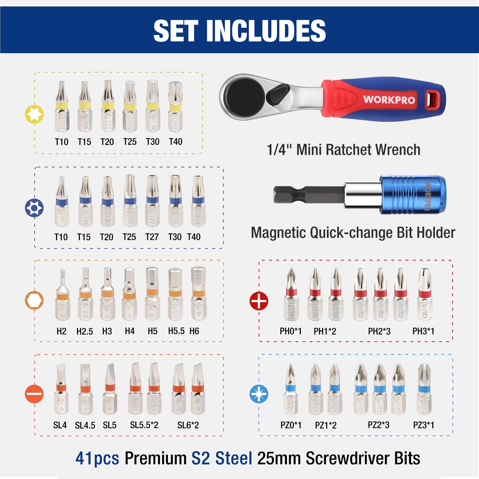 WORKPRO 43-Piece Mini Ratchet Wrench Screwdriver Bits Set, 1/4" Drive Mini Ratcheting Screwdriver - Image 2