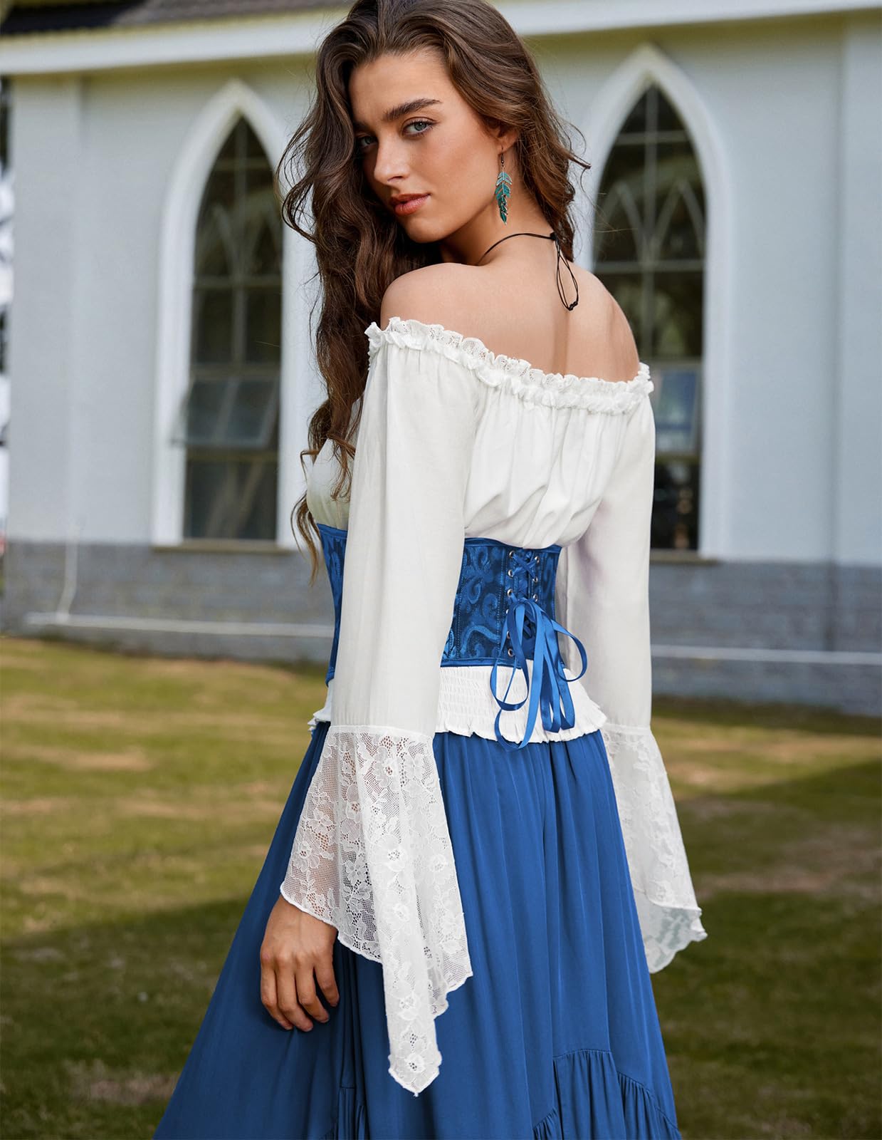 Scarlet Darkness Corset Belt for Women Fishbone Wide Waist Corset Pirate Belt: Blue Jacquard 6