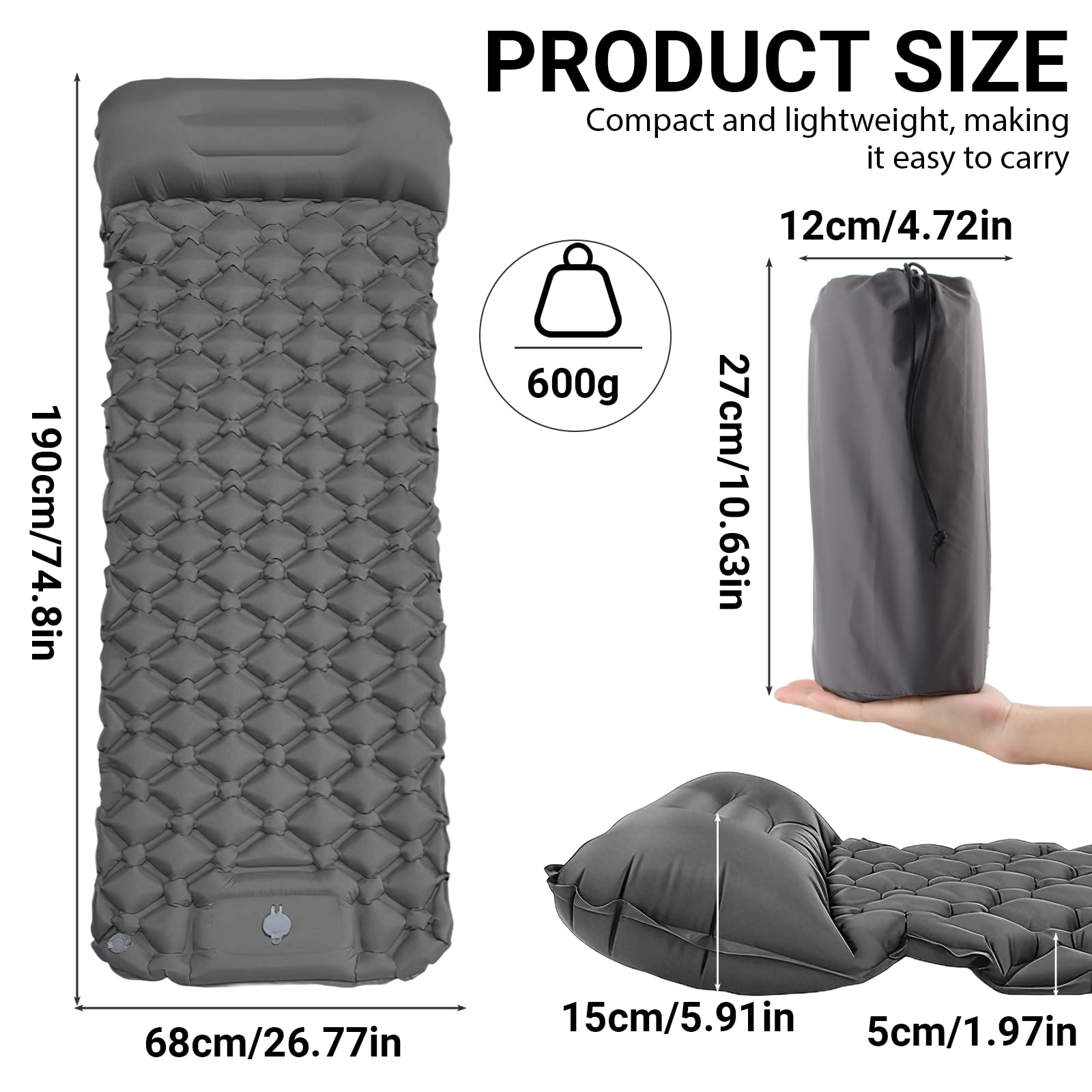 Materassino Gonfiabile Campeggio con Cuscino, 190 * 60 cm Letto Singolo Gonfiabile Pieghevole, Inflatable Mattress, Gonfiabile con Azionamento a Pedale, per Campeggio, Viaggi, Spiaggia