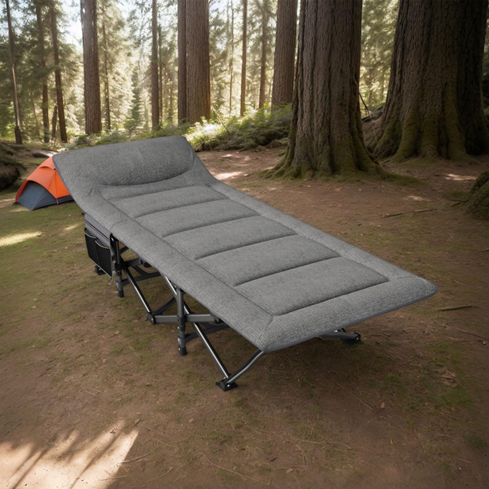 Lit de Camping Plier pour Adultes avec Matelas et Oreiller Intégrés, Portable pour Extérieur et Voyage, Charge Maximale 200kg, Inclut Sacoche de Transport, Gris