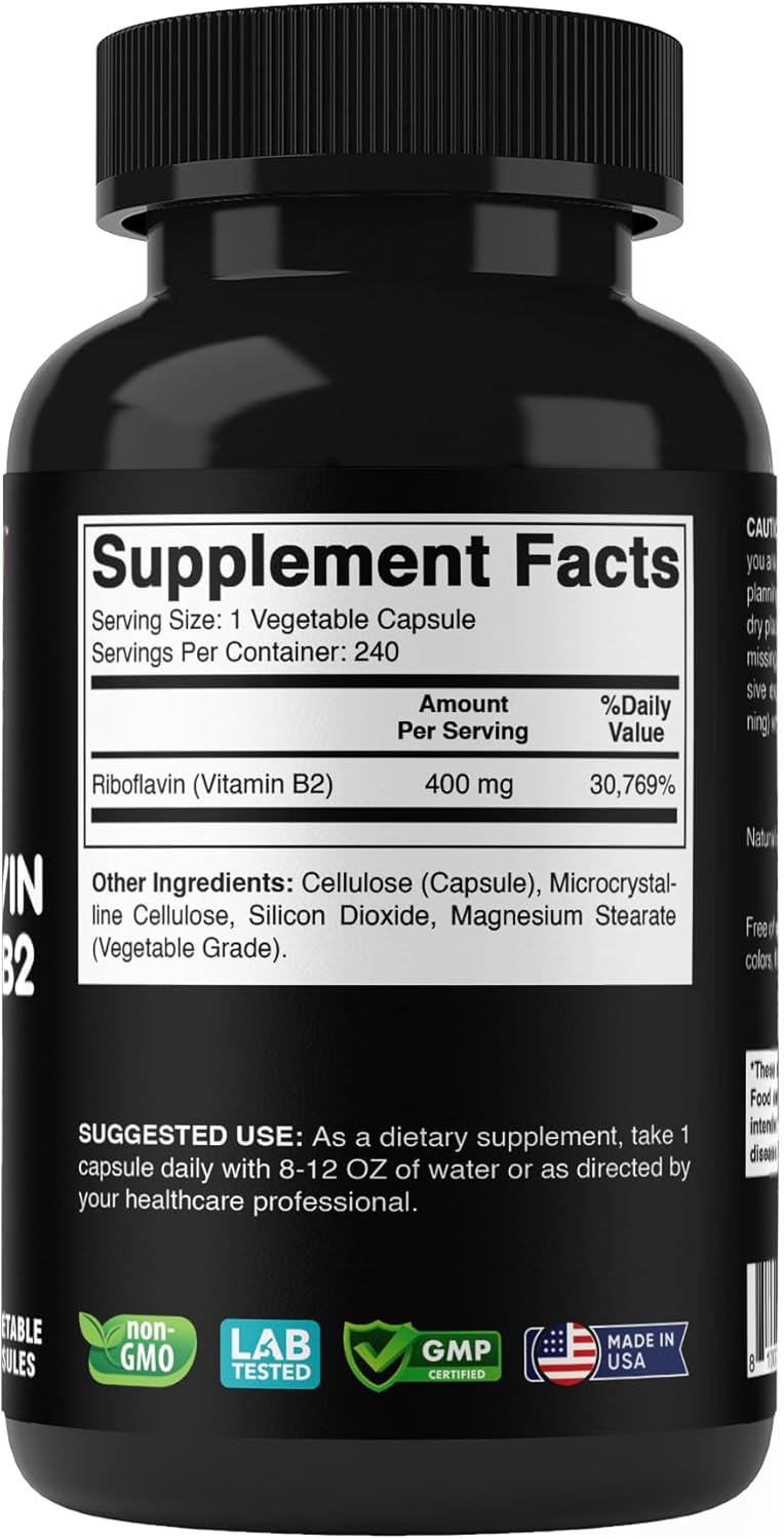 Vitamin B2 (Riboflavin) 400 mg 240 Vegetarian Capsules - Support Cellular Energy and Red Blood Cell Production - Image 8