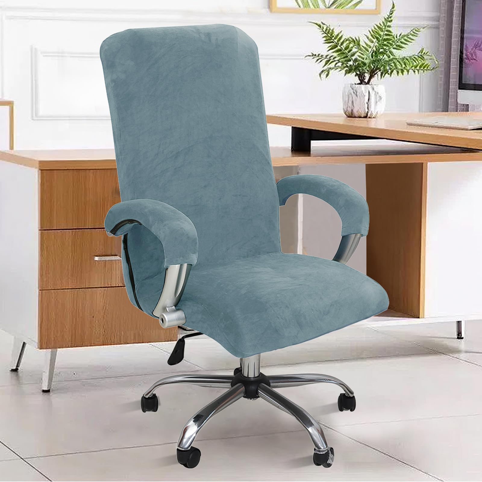 Alishomtll Fodera per sedia da ufficio con braccioli estensibili in velluto - Fodera per sedia da gioco - Fodera elastica per sedia da computer - Sedia girevole - Blu grigio - Taglia