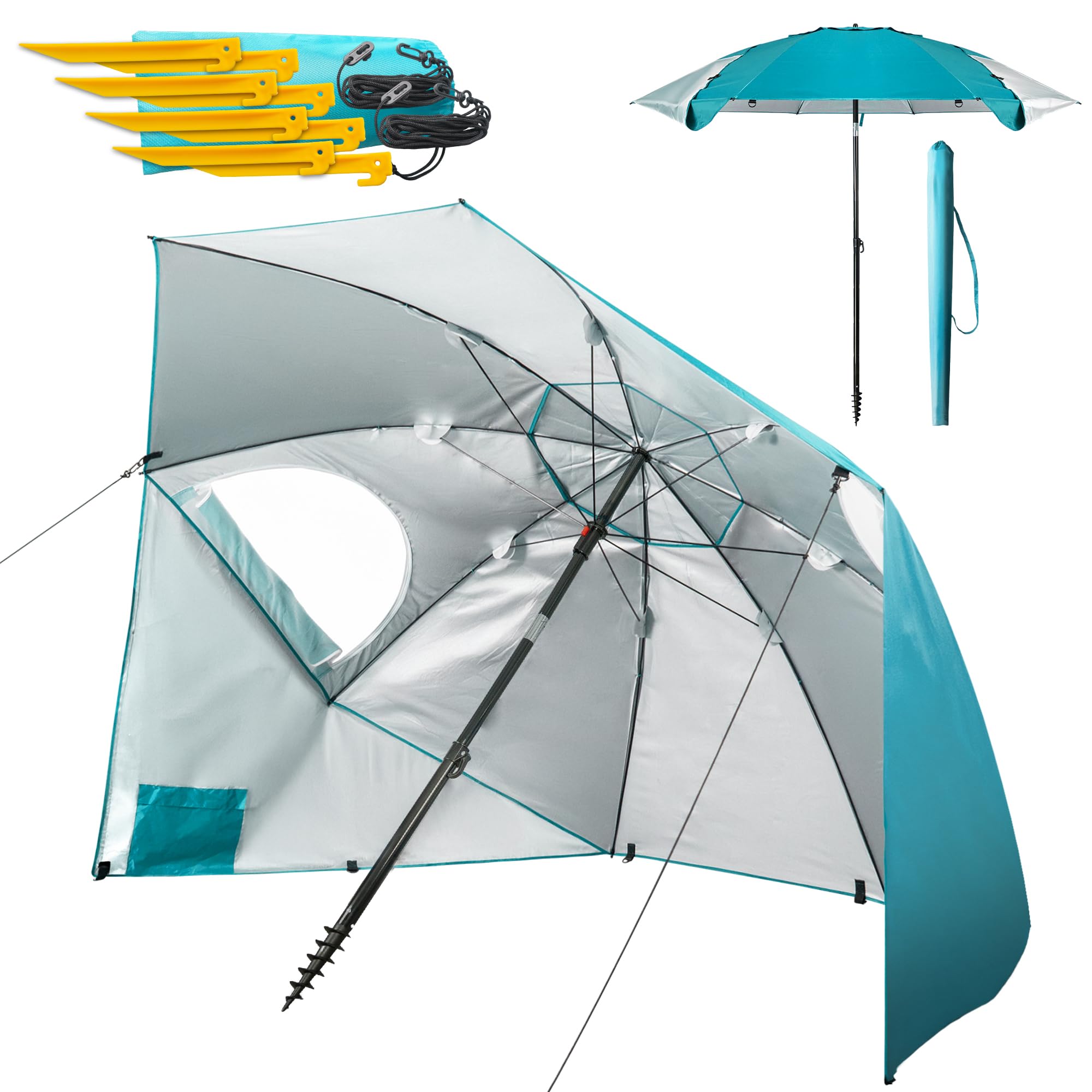Menz Sonnenschirm Strand windfest stabil Ø 220 cm - Funktionale UPF 50+ Sonnenschirm Muschel, Strandschirm mit Seitenwand, Sonnenschutz Strand, Fb. Türkis