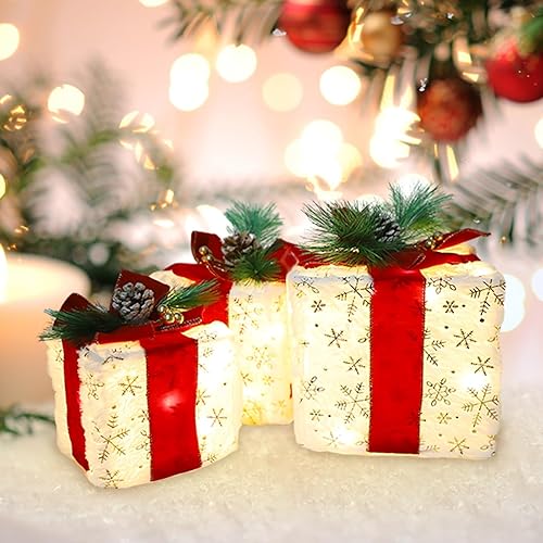Miniatura 6 de MorTime Cajas iluminadas de Navidad con lazos, juego de 3 cajas de regalo de felpa con copos de nieve dorados, piñas y bayas, cajas de regalo con 60