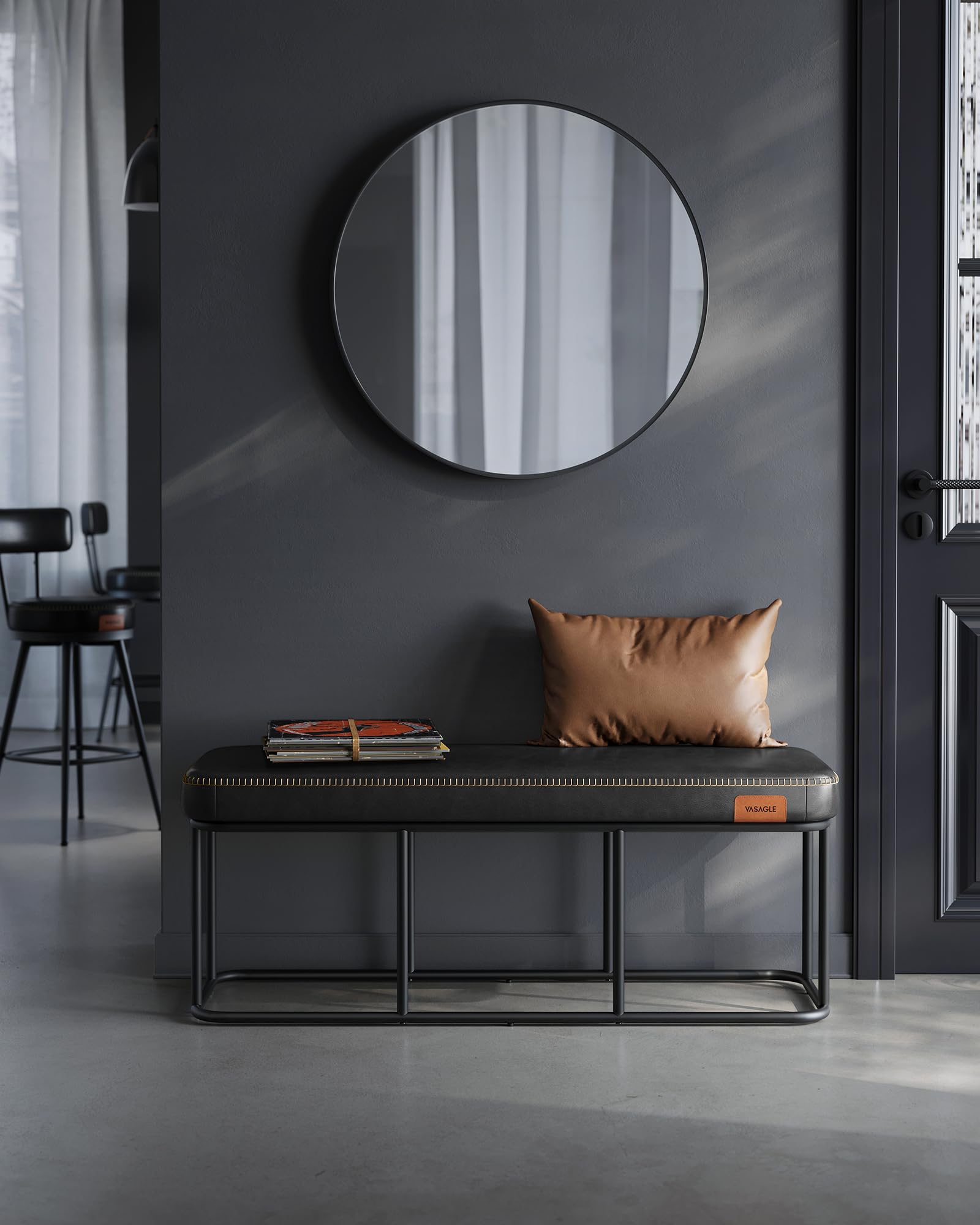 VASAGLE EKHO Collection - Banc pour Entrée, Chambre, PU avec Coutures, Bout de Lit, Cadre en Acier, pour Salon, Salle à Manger, Moderne Mi-siècle, Capacité de 300 kg, Noir d'encre LOM073B01