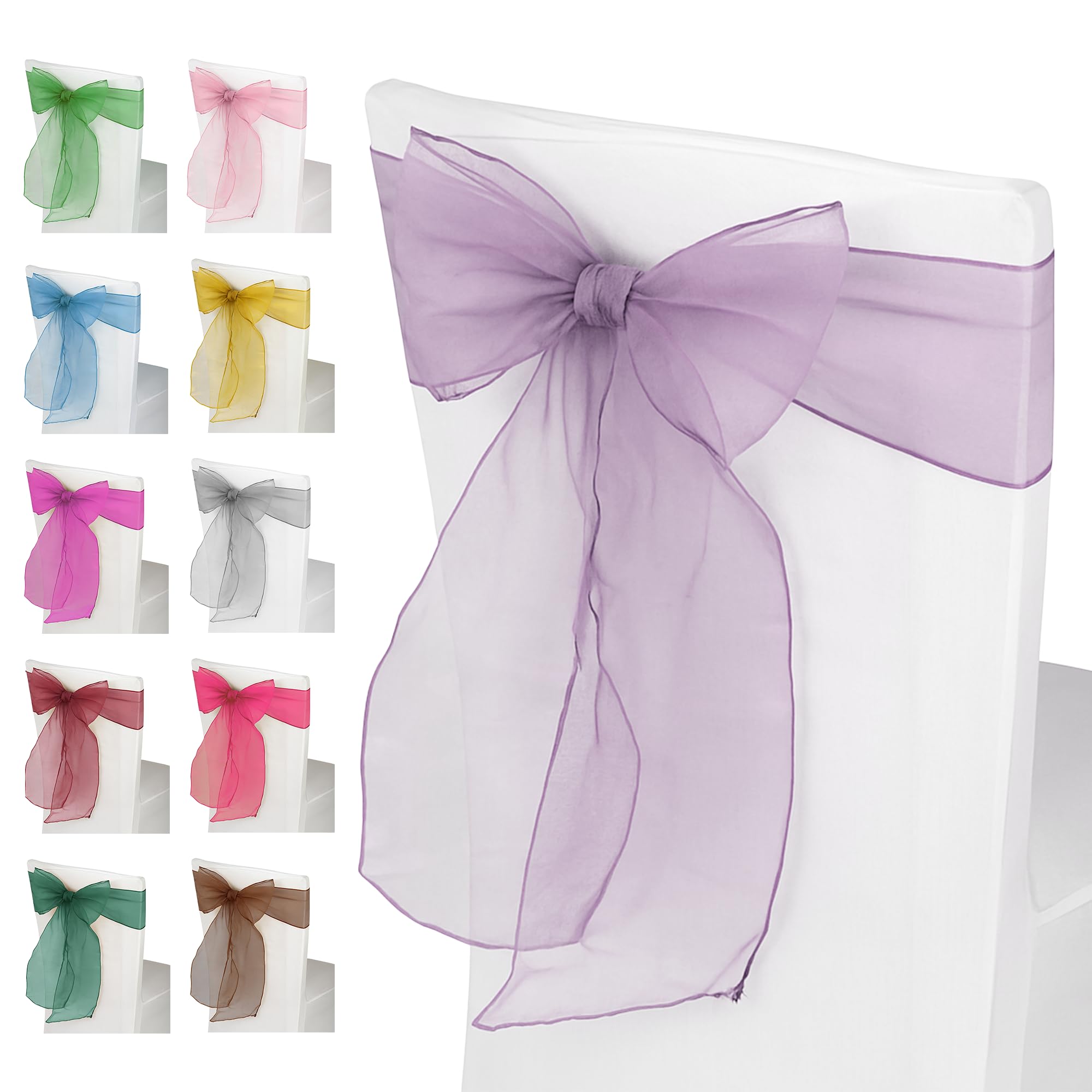 Event Decor Shop 100pcs Lavender Organza Chair Sashes – Wide Sashes for Fuller Bows, Ideal for Wedding, Birthday, Reception, and Anniversary Party Decorations, 17x280cm