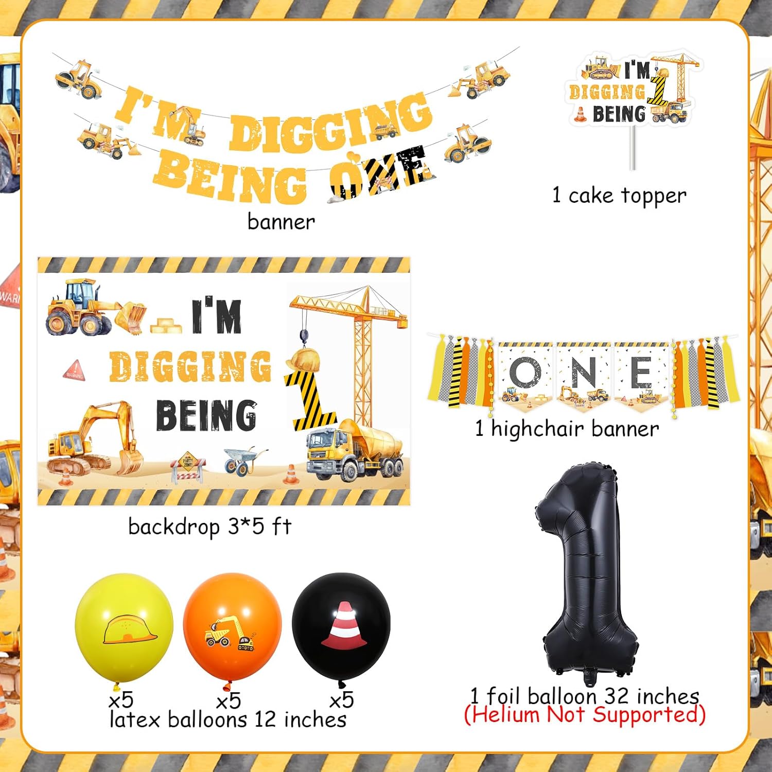 Construction 1st Birthday Party Decorations for Boys I'm Digging Being 1 Birthday Banner Backdrop Construction Bday High Chair Banner for Excavator Bulldozer Bday Party Supplies