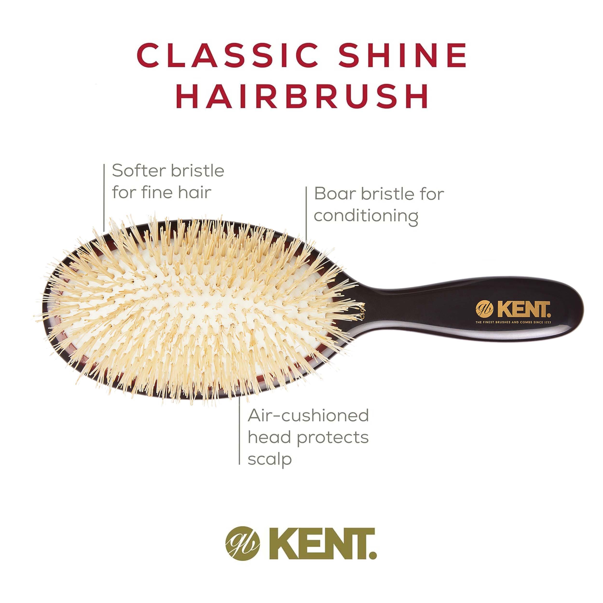 Kent CSGM Classic Shine - Cepillo alisador ovalado mediano de 7.75 pulgadas y desenredante de cabello, cepillo de cerdas de jabalí blanco suave, cepillo para cabello brillante y limpiador de cuero