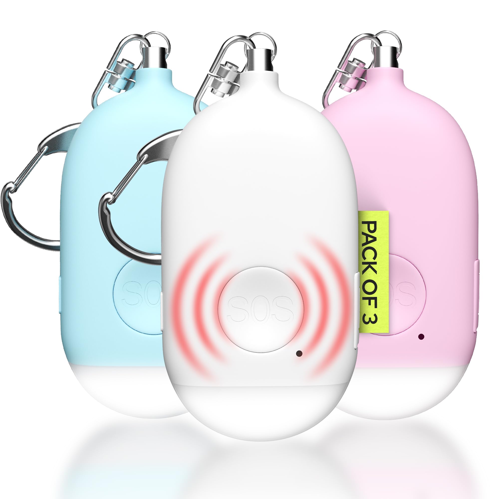 WETEN - Set di 3 portachiavi con allarme personale ricaricabile da 130 dB con sirena di emergenza autodifesa con torcia a LED, portachiavi SOS di sicurezza per le donne (rosa e blu e bianco)