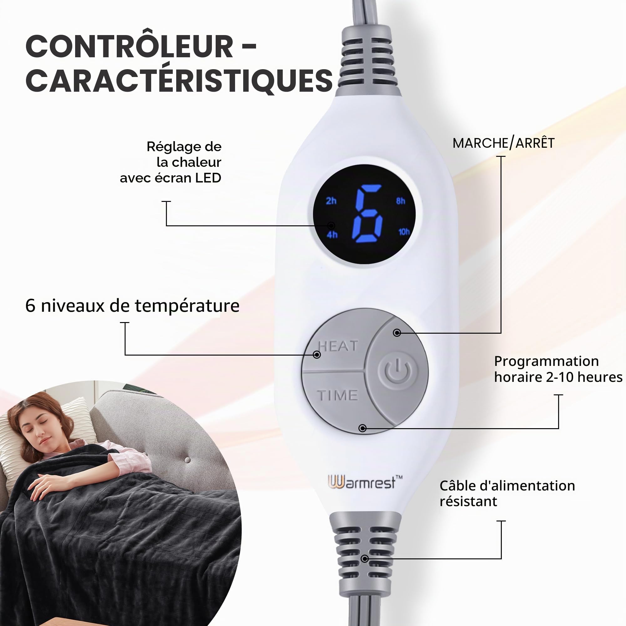 Couverture Chauffante Électrique Flanelle 150x200 cm, 6 Niveaux De Température, 1-10 Heures Arrêt Automatique & Protection Contre La Surchauffe, Lavable en Machine, Gris Plaid Chauffant