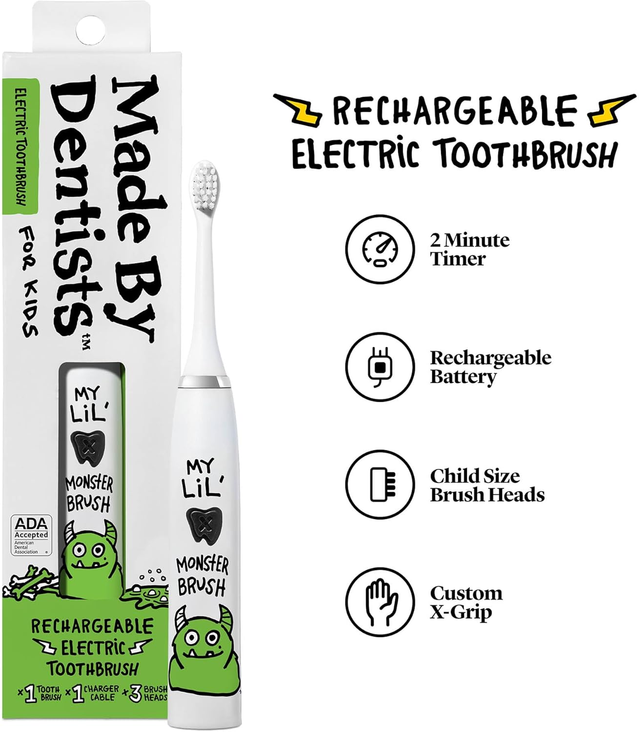 Made by Dentists Kids Electric Toothbrush - Rechargeable Vibrating Toothbrush with Timer, Includes 6 Replacement Heads, Gently Cleans Teeth, Kid & Toddlers Age 2+, Monster - Image 4