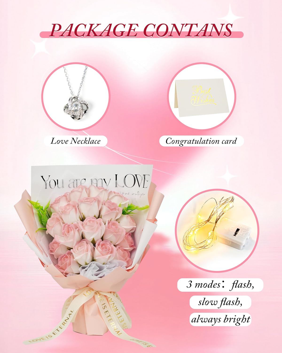 Roses Bouquet Artificial Flower Eternas Rosas with Necklace Preserved Rose Birthday Flowers Gifts Valentine's Day, Anniversary (Pure, Pink) - Image 3
