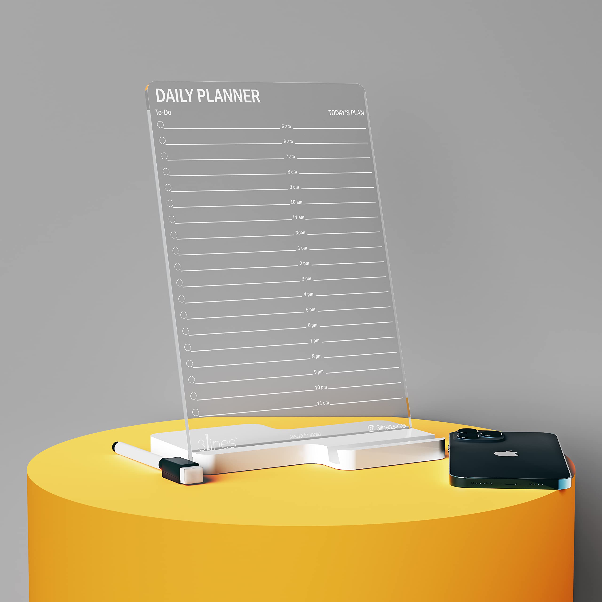 3 Lines To Do List Acrylic Board for Desk (24x16 CM)| Best Planner & Organiser | White Acrylic Base With Slot for Phone| With 2 Markers & Cleaning Fabric | 'Daily Planner TO-DO ' |Regular Size