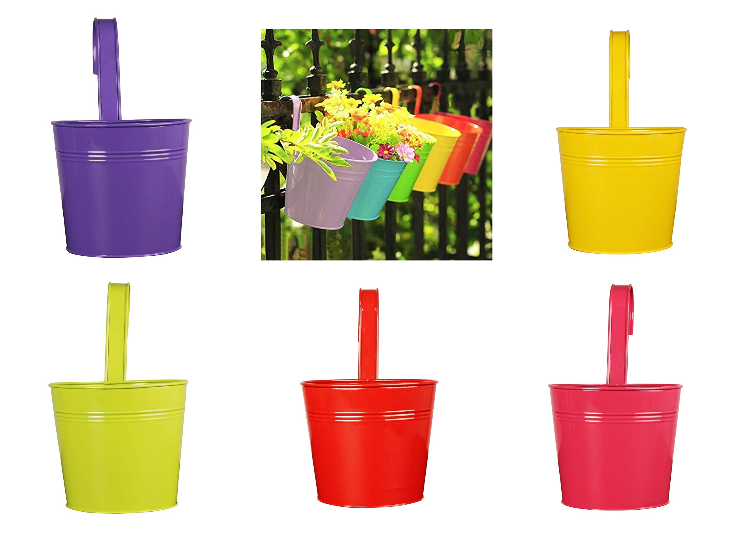 RVOLD Metal Iron Flower Pots Hanging Flower Pots, Garden Pots Balcony Planters Fence Bucket Pots Metal Bucket Flower Holders with Detachable Hooks for Hanging 5 pcs (Color May Vary)