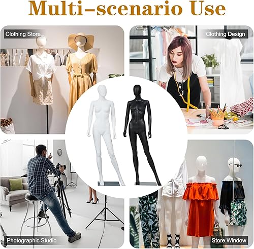 Miniatura 7 de Kinfant Juego de maniquí femenino blanco y negro, soporte de maniquí desmontable de 6 pies con base de metal, 2 piezas ajustables para tiendas de