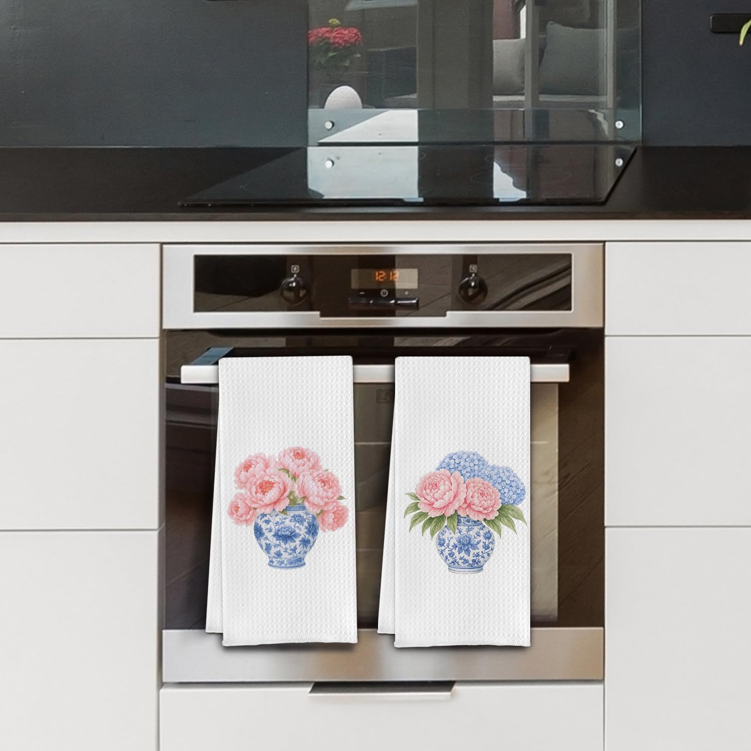 Chinoiserie Peony Hydrangea Kitchen Towels, Grandmillennial Floral Dish Tea Towels for Kitchen Decor, Blue and White Porcelain Flower Hand Towel for Bathroom Decor, 16x24 Inch Set of 2 - Image 5