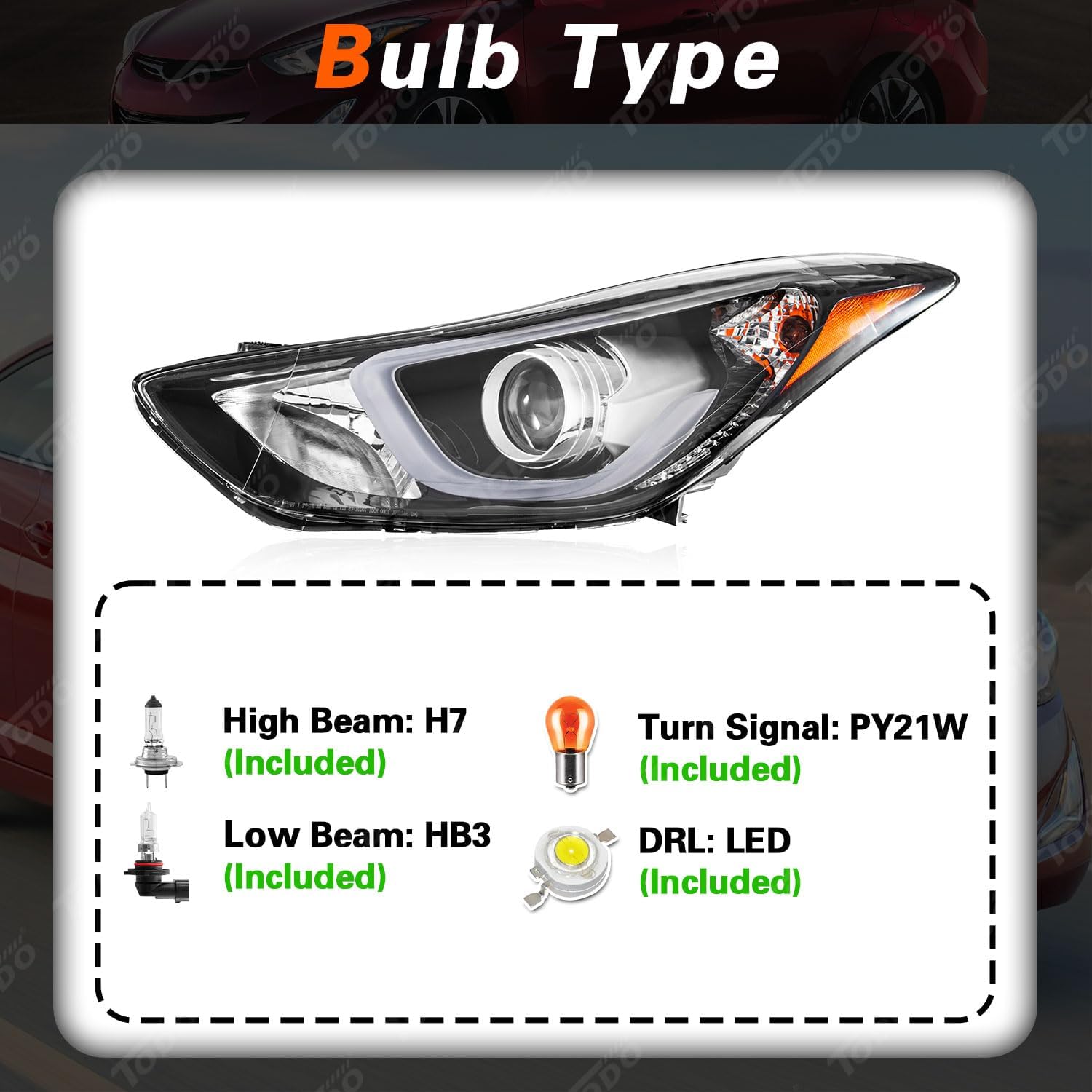 TODO Headlights with LED DRL Assembly Compatible with 2014 2015 2016 Hyundai Elantra Sport Limited Head Light with LED Side Marker Light Replacement 92102-3Y510, Passenger Right Side